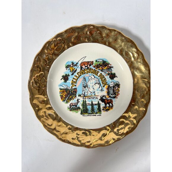 Vintage Yellowstone Park Souvenir Plate With Gold Tone Border - Picture 6 of 16